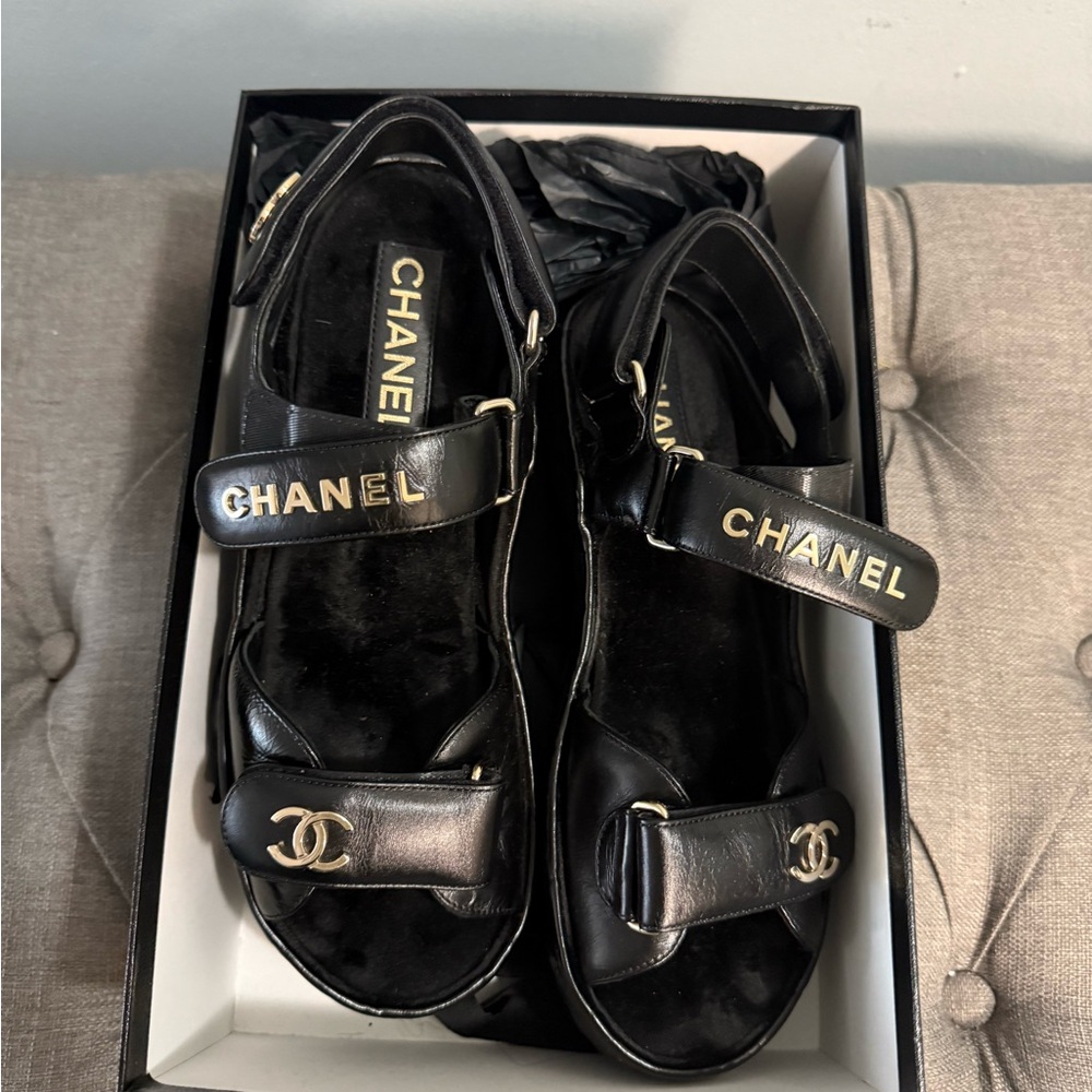 Chanel Black Sandals with Glossy Finish